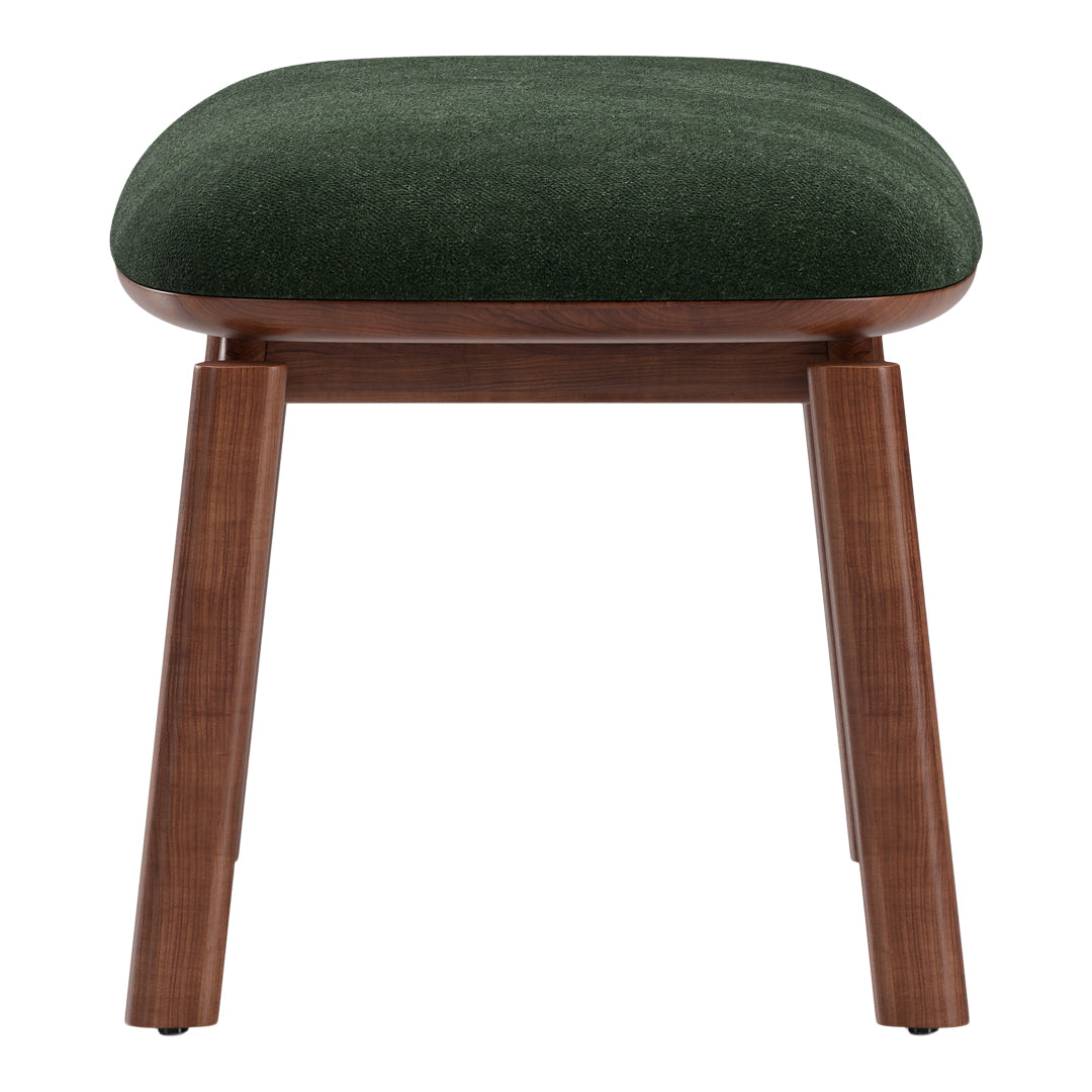 Green upholstered seat with a smooth finish, complemented by rich wooden legs in a warm, walnut tone.