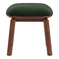 Green upholstered seat with a smooth finish, complemented by rich wooden legs in a warm, walnut tone.