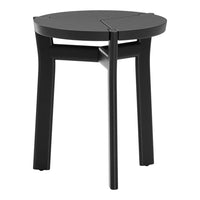 Black round stool with a textured wood grain pattern and sleek, minimalist design. Perfect for modern decor.