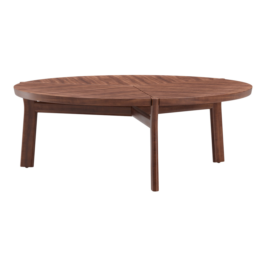 Round wooden coffee table in rich brown with a textured, patterned top for added elegance and warmth.