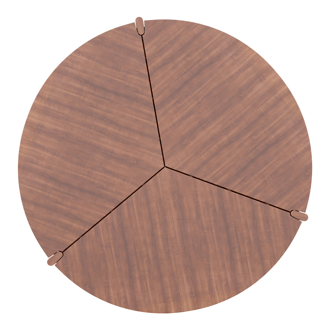 Round wooden table with rich walnut finish and subtle grain patterns, featuring three pie-shaped segments.