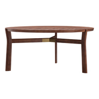 Round wooden table in rich walnut finish with elegant gold accent on the leg, showcasing a sleek, modern design.