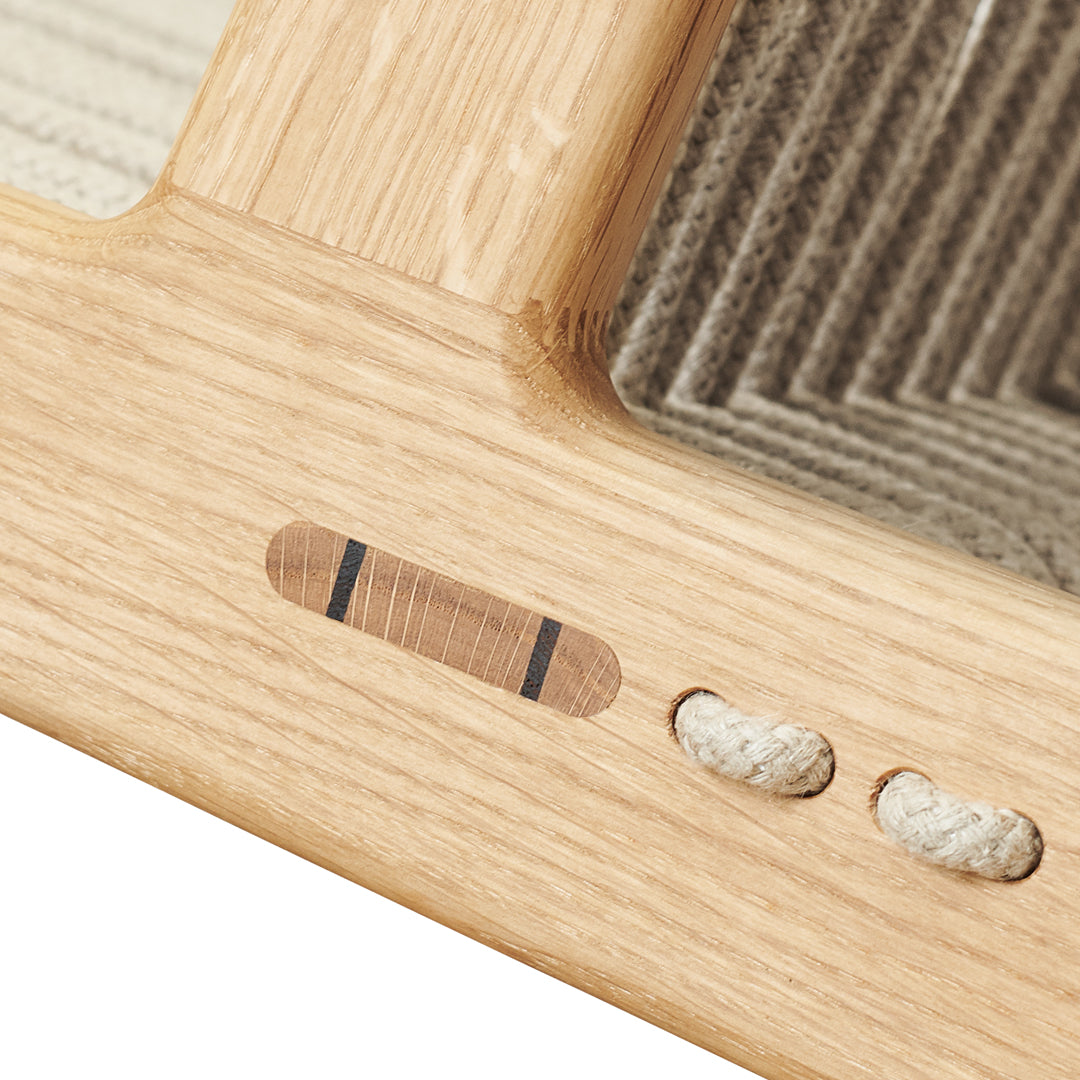 Natural wood grain with light oak tones, complemented by textured gray and beige patterns in a woven design.
