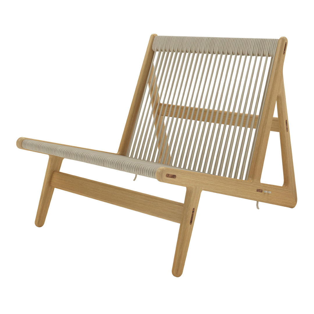 "Natural wood folding chair with a light gray woven seat and sleek, minimalist design."