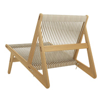 Natural wood and neutral beige stripes create a modern, minimalist lounge chair with a stylish design.
