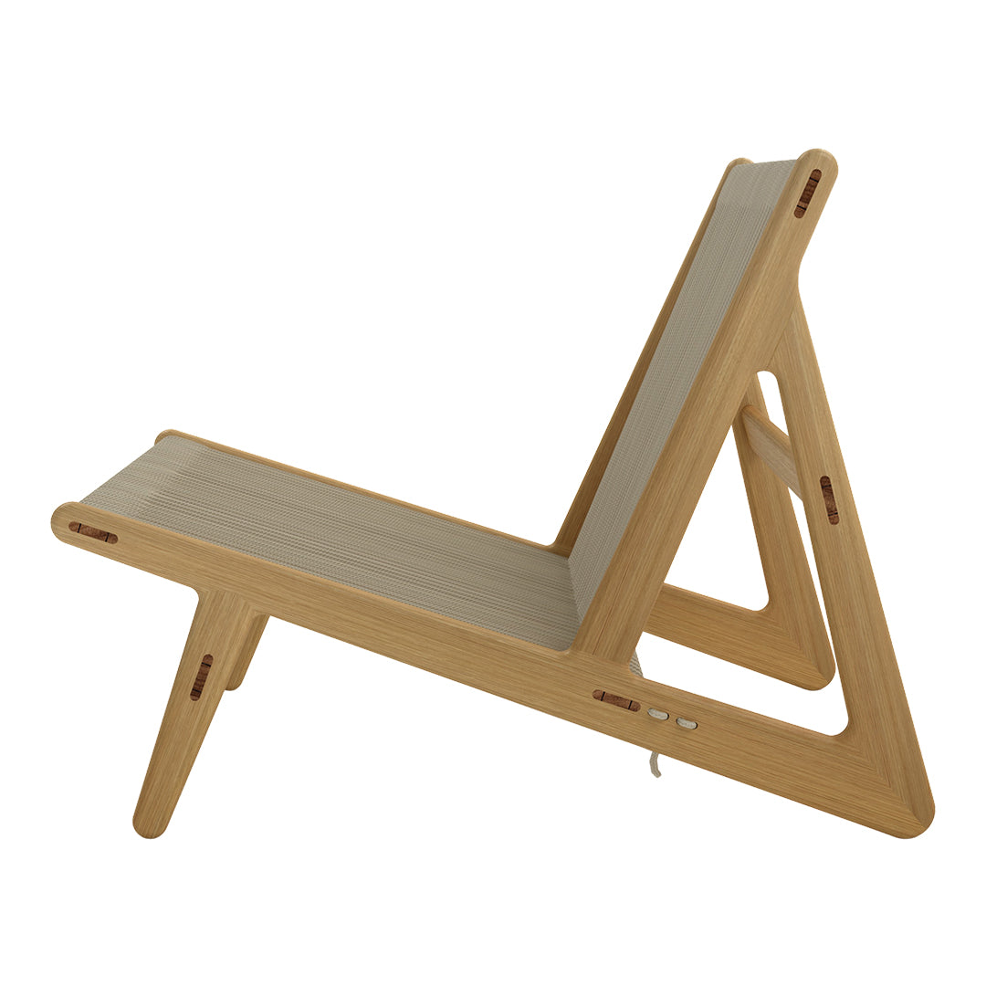 Light wood lounge chair with a simple, modern design featuring natural wood tones and minimalistic patterns.
