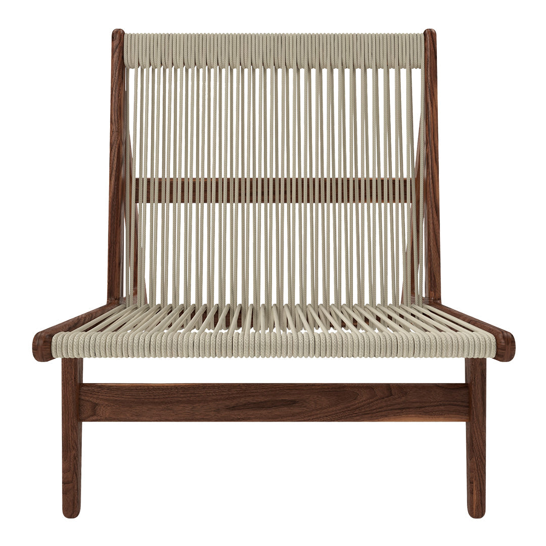 Neutral beige rope pattern with a rich brown wooden frame, creating a modern and minimalist seating design.