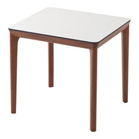 Square table with a sleek white top and rich walnut wood legs, featuring clean, modern lines. Perfect for any decor.