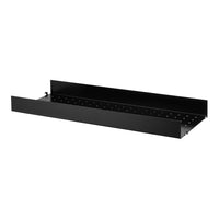 Black metal drawer organizer with a sleek, minimalist design, featuring perforated patterns for ventilation.