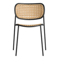Black metal chair with a woven natural rattan seat and back, featuring a minimalist, contemporary design.