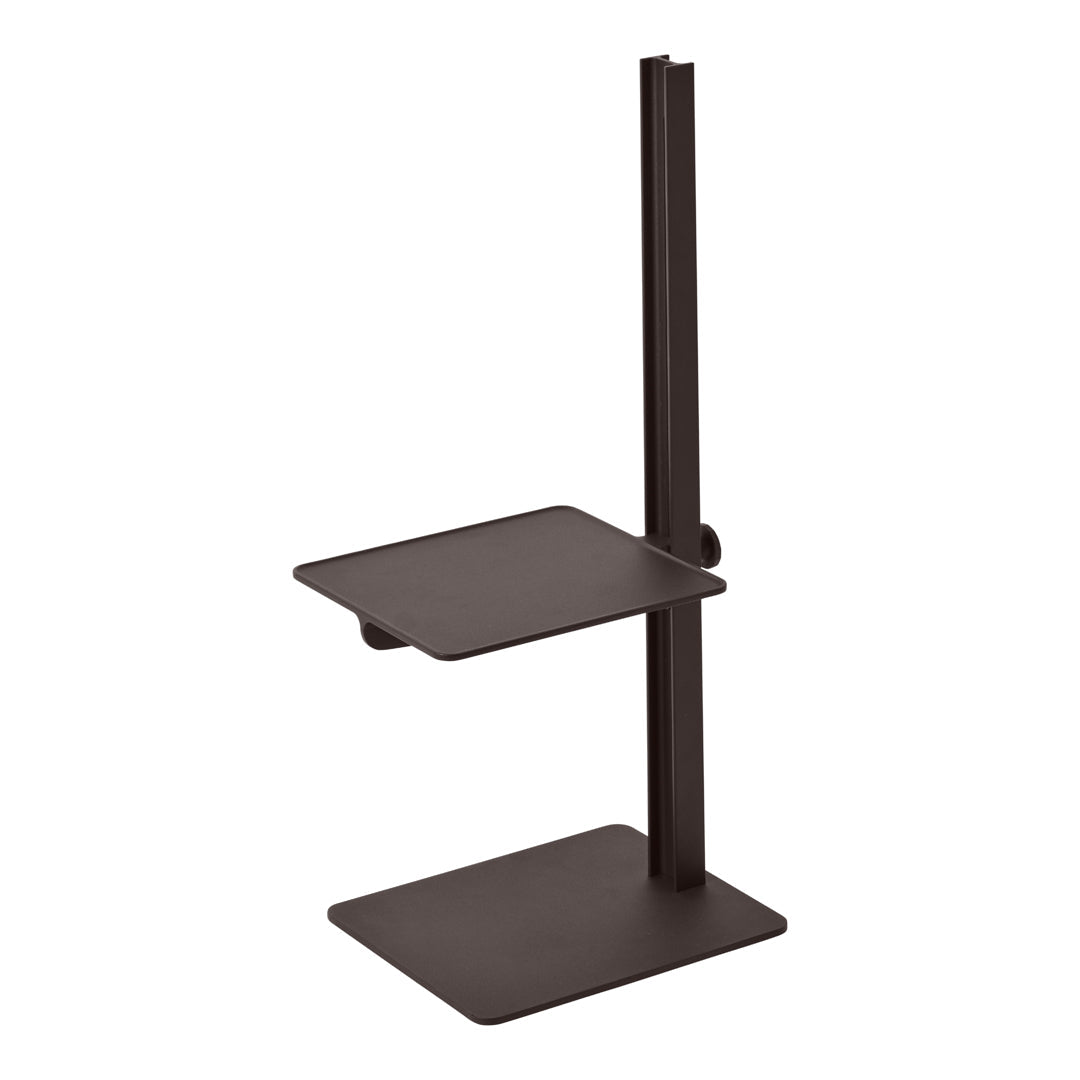 Two-tier black metal stand with a sleek, modern design and simple geometric patterns. Ideal for organization.