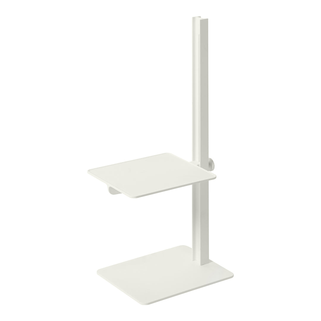 Minimalist white two-tier shelf with a sleek, modern design and smooth surfaces. Perfect for contemporary decor.