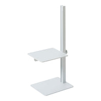 Minimalist white metal stand with a sleek, modern design and clean lines, featuring a flat upper shelf and base.