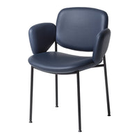 Navy blue upholstered chair with black metal legs, featuring a sleek, modern design and smooth, curved lines.