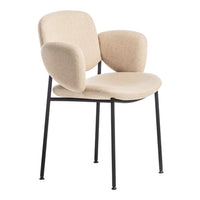 Beige upholstered chair with soft curves and black metal legs. Modern design with a minimalistic pattern.