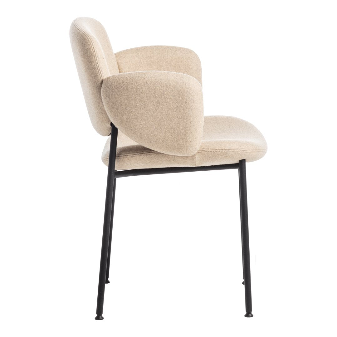 Beige fabric upholstery with a smooth texture and sleek black metal legs, offering a modern, minimalist aesthetic.