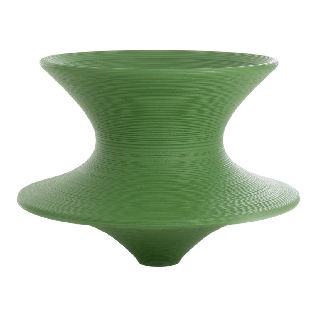 Green spiral-patterned vase with a modern, hourglass shape, showcasing textured lines for a stylish accent.
