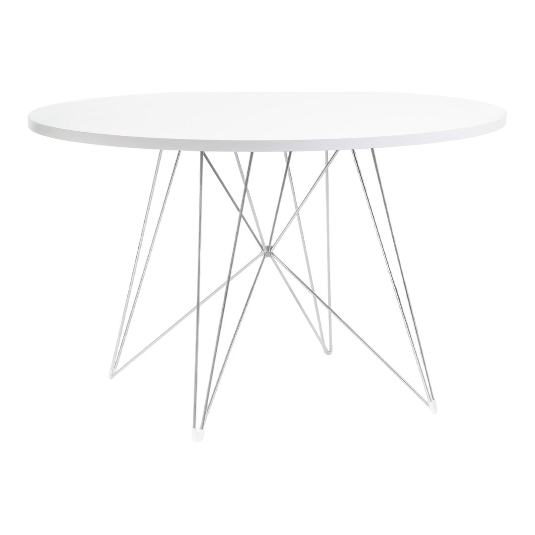 Round white table with sleek white top and modern silver wire legs. Minimalist design perfect for contemporary spaces.