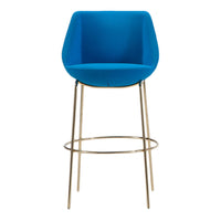 Bright blue upholstered barstool with sleek gold metal legs, perfect for a modern decor.