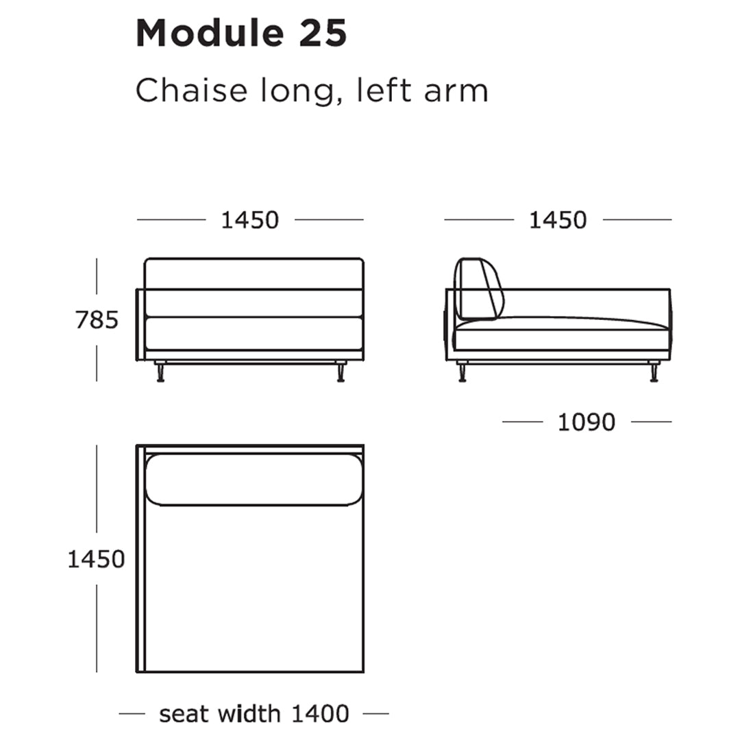 "Chaise long, left arm module in muted tones and sleek, simple design."