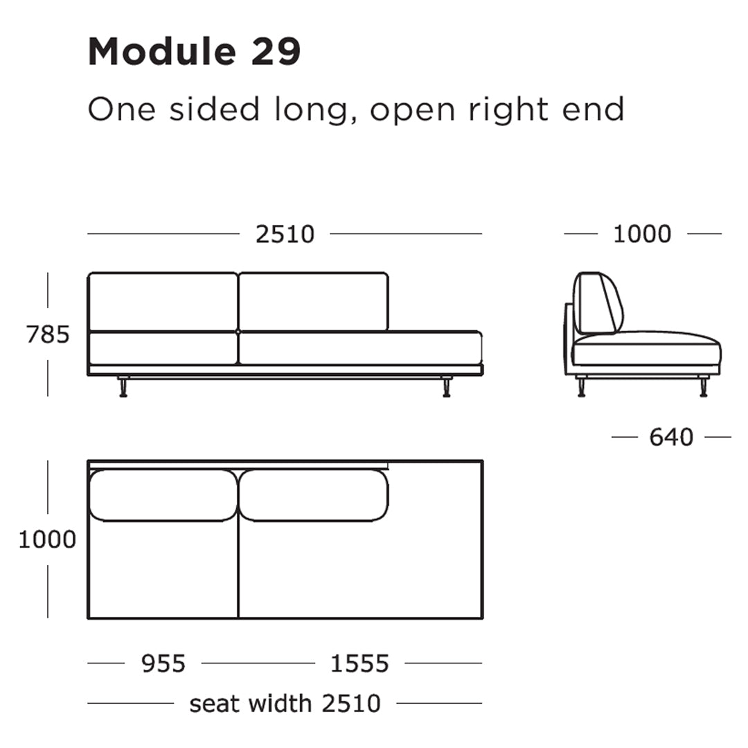 Modern gray sectional sofa with clean lines and a minimalist design, featuring a long, open right end.