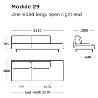 Modern gray sectional sofa with clean lines and a minimalist design, featuring a long, open right end.
