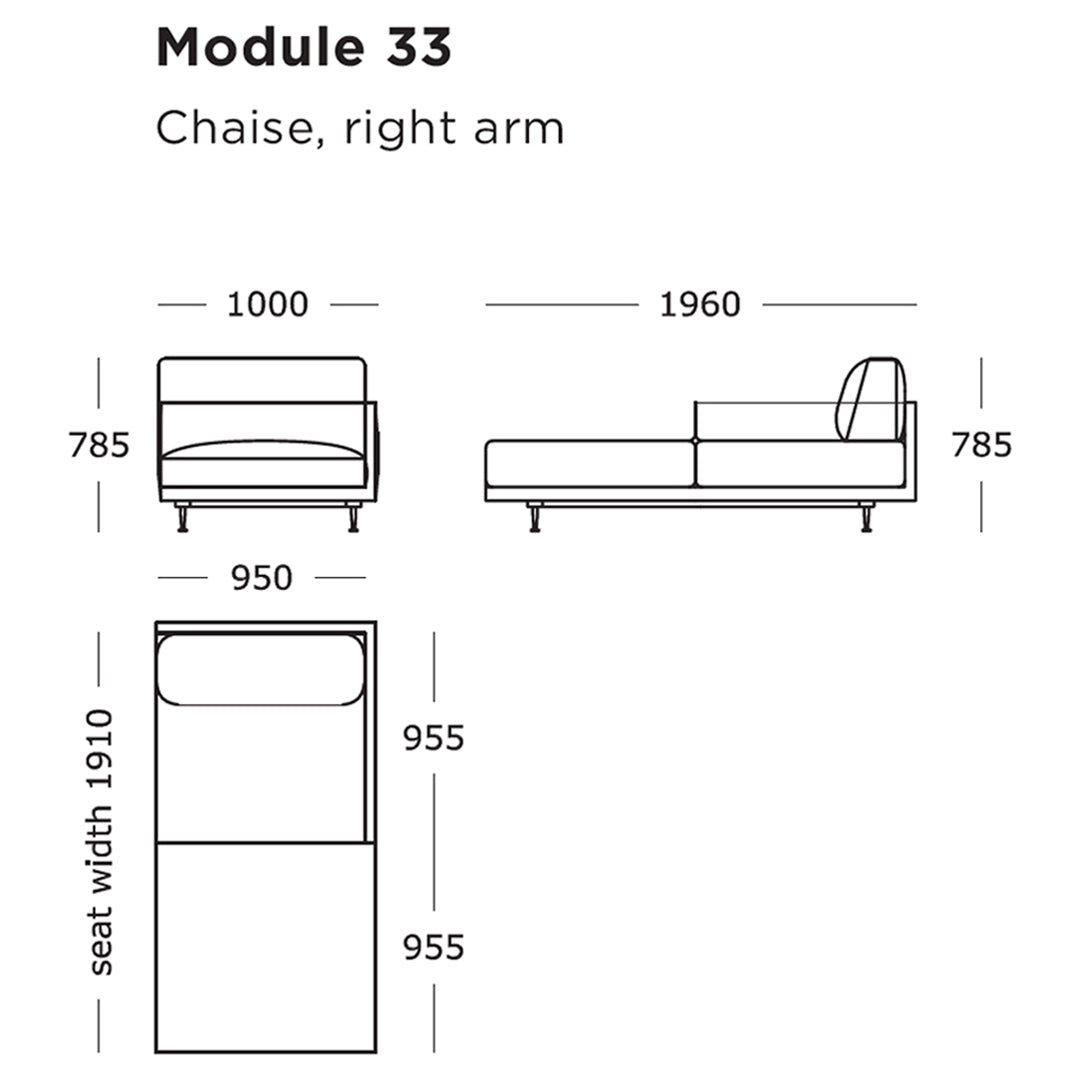 Module 33 right-arm chaise in soft gray with sleek lines and a minimalist design, perfect for modern spaces.
