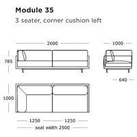 "Modern three-seater sofa in neutral tones with a sleek, minimalistic design and corner cushion detail."