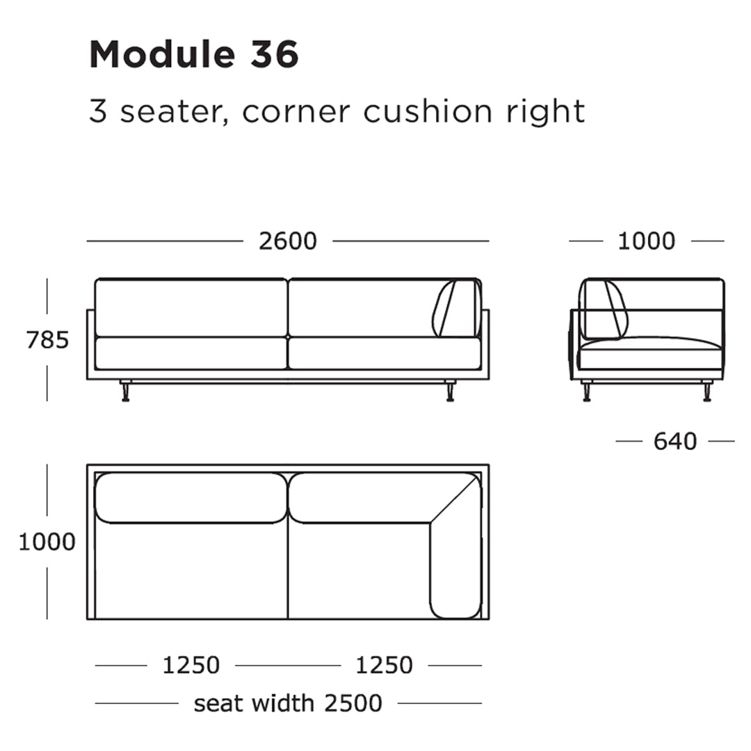Modular 3-seater sofa in a minimalist design with sleek lines, featuring a corner cushion in neutral tones.