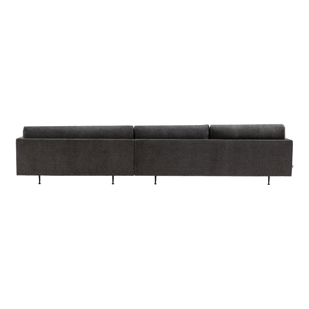 Modern gray sectional sofa with smooth fabric and sleek black metal legs. Perfect for contemporary living spaces.