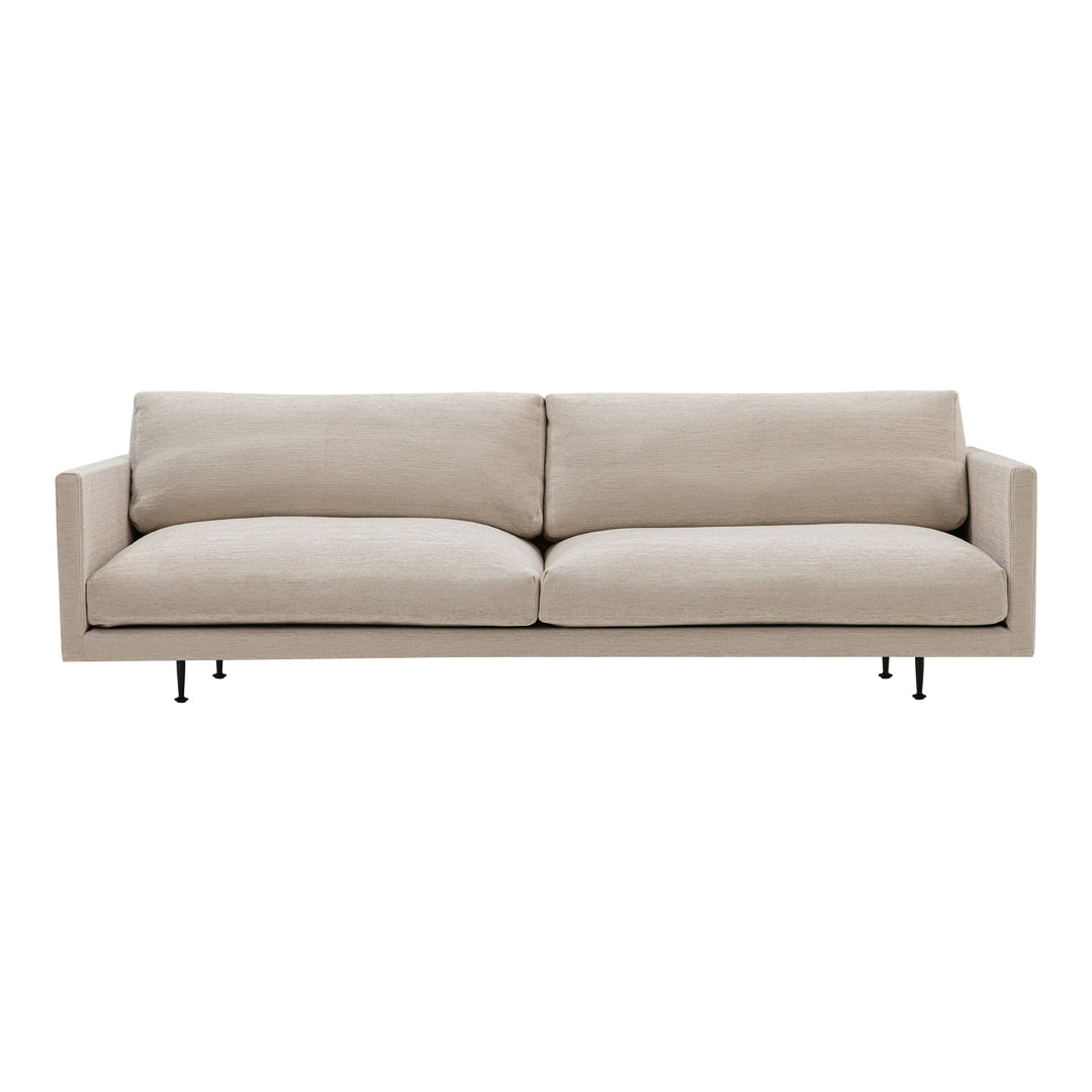 Beige modern sofa with clean lines and minimalistic design, featuring textured fabric and sleek black legs.