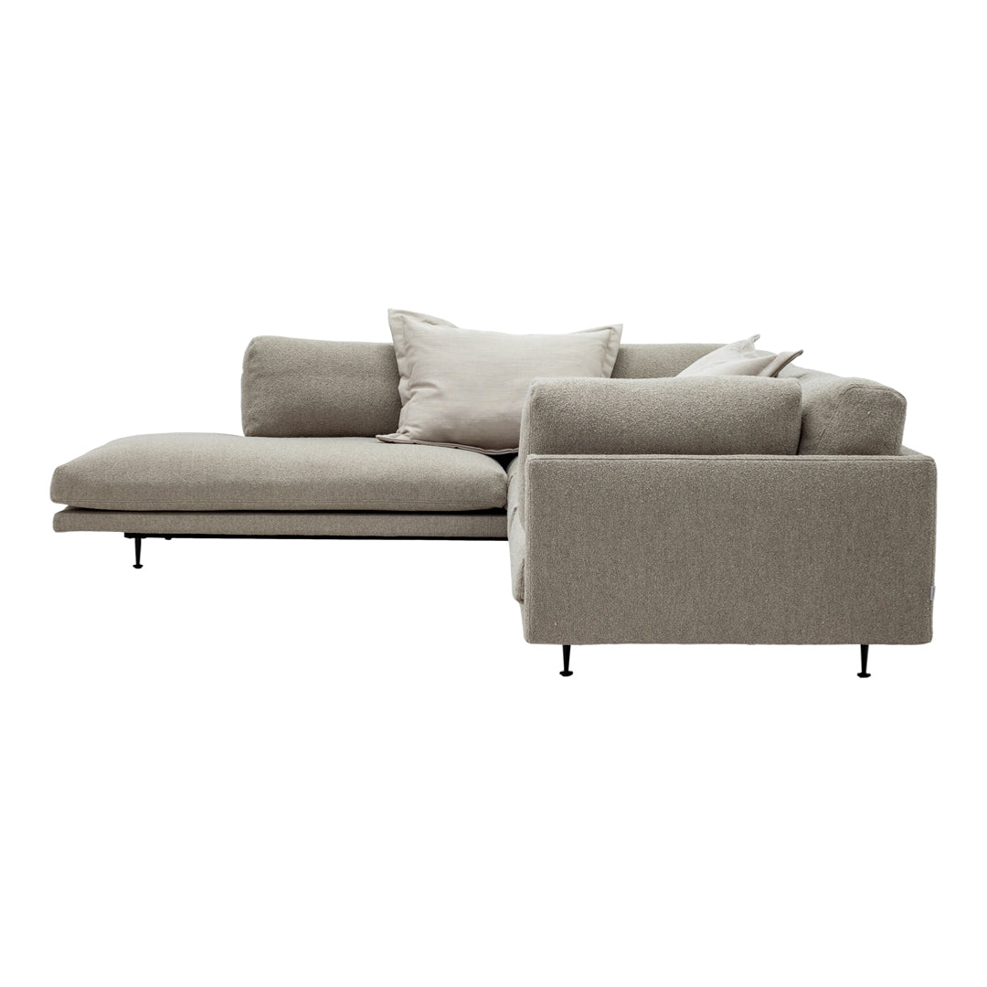 Light gray sectional sofa with a modern, textured fabric and minimalist design. Includes plush neutral cushions.