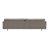 Gray upholstered sofa with a sleek, minimalist design and smooth texture.