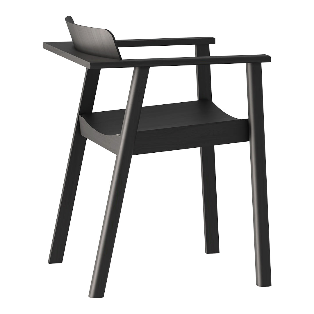 Black wooden chair with a sleek, minimalist design and straight lines, featuring a smooth matte finish.
