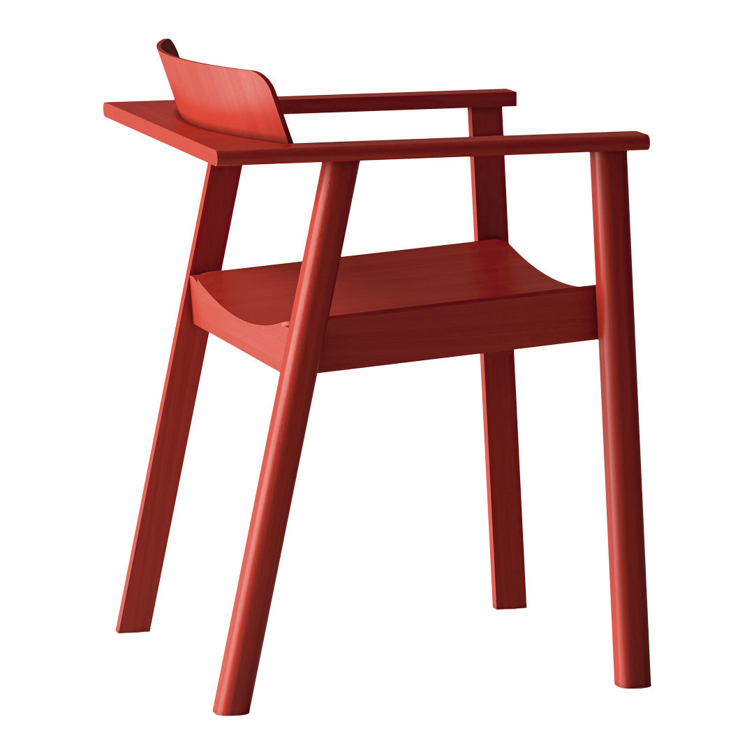 Bright red modern chair with a sleek design and minimalistic aesthetic, featuring smooth lines and sturdy legs.