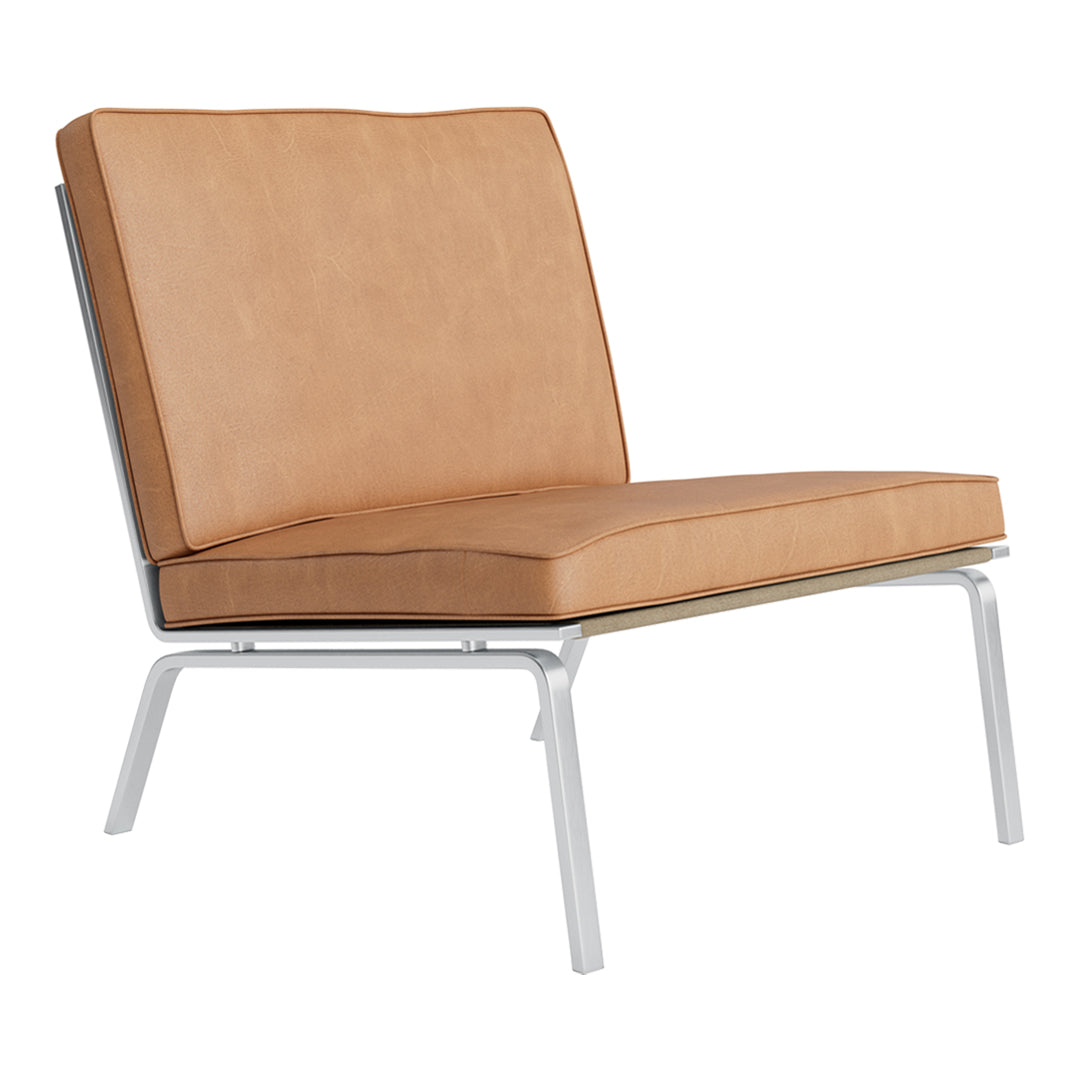 Tan leather chair with a sleek silver frame, featuring a minimalist design and smooth surfaces. Ideal for modern decor.