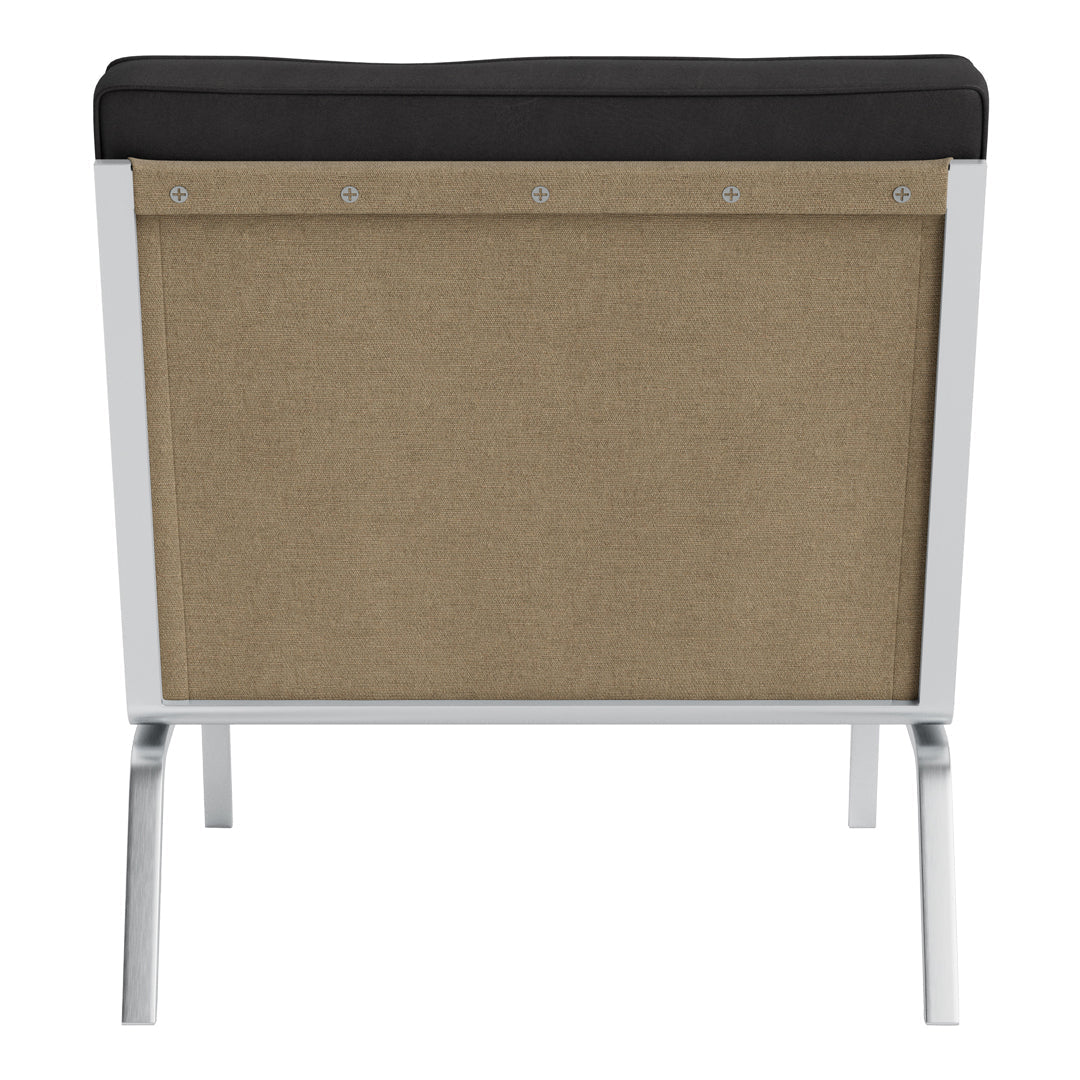 Black and tan modern chair with a textured fabric back and sleek metal legs. Ideal for contemporary decor.