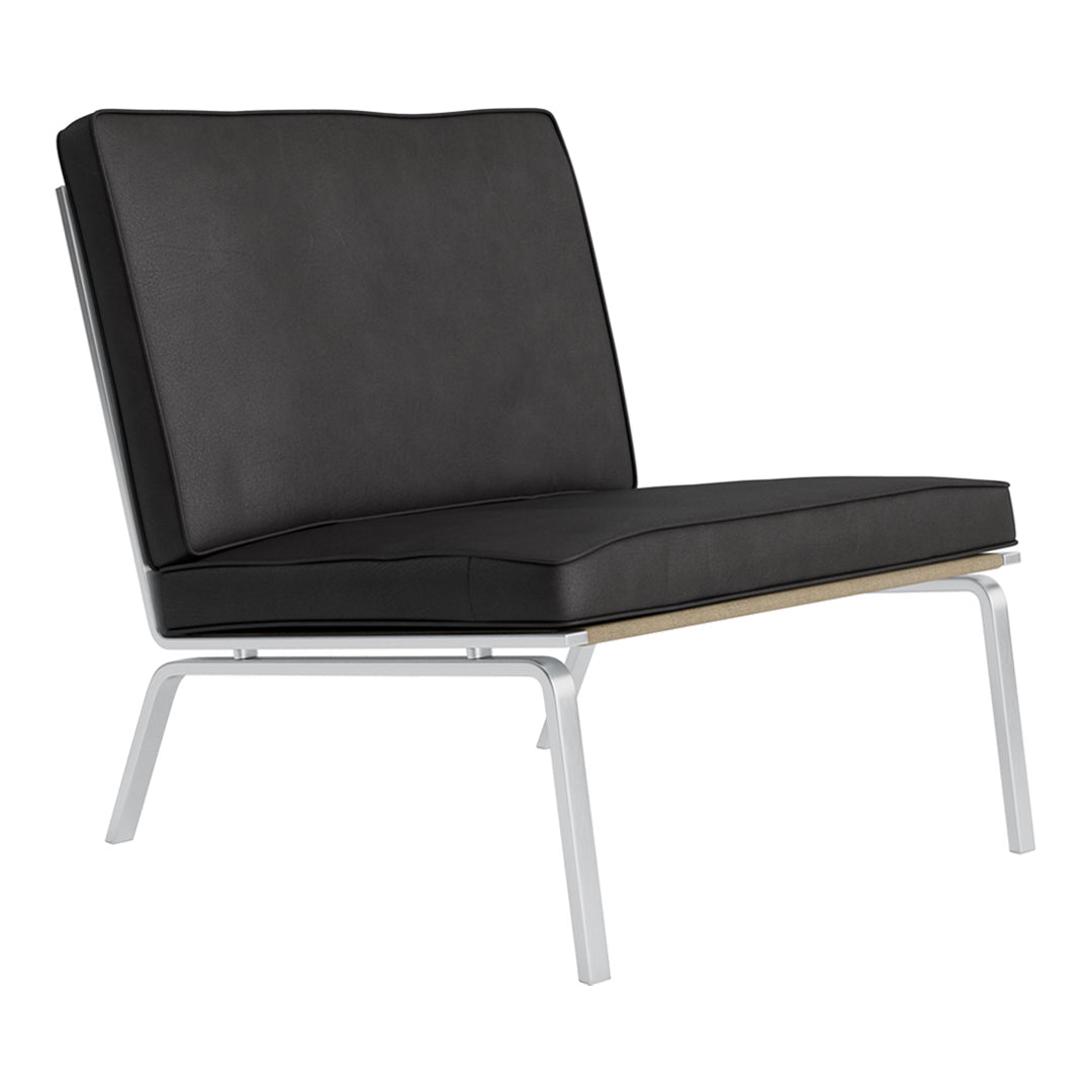 Black leather chair with a sleek silver metal frame and wood accents, featuring a minimalist modern design.