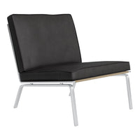 Black leather chair with a sleek silver metal frame and wood accents, featuring a minimalist modern design.