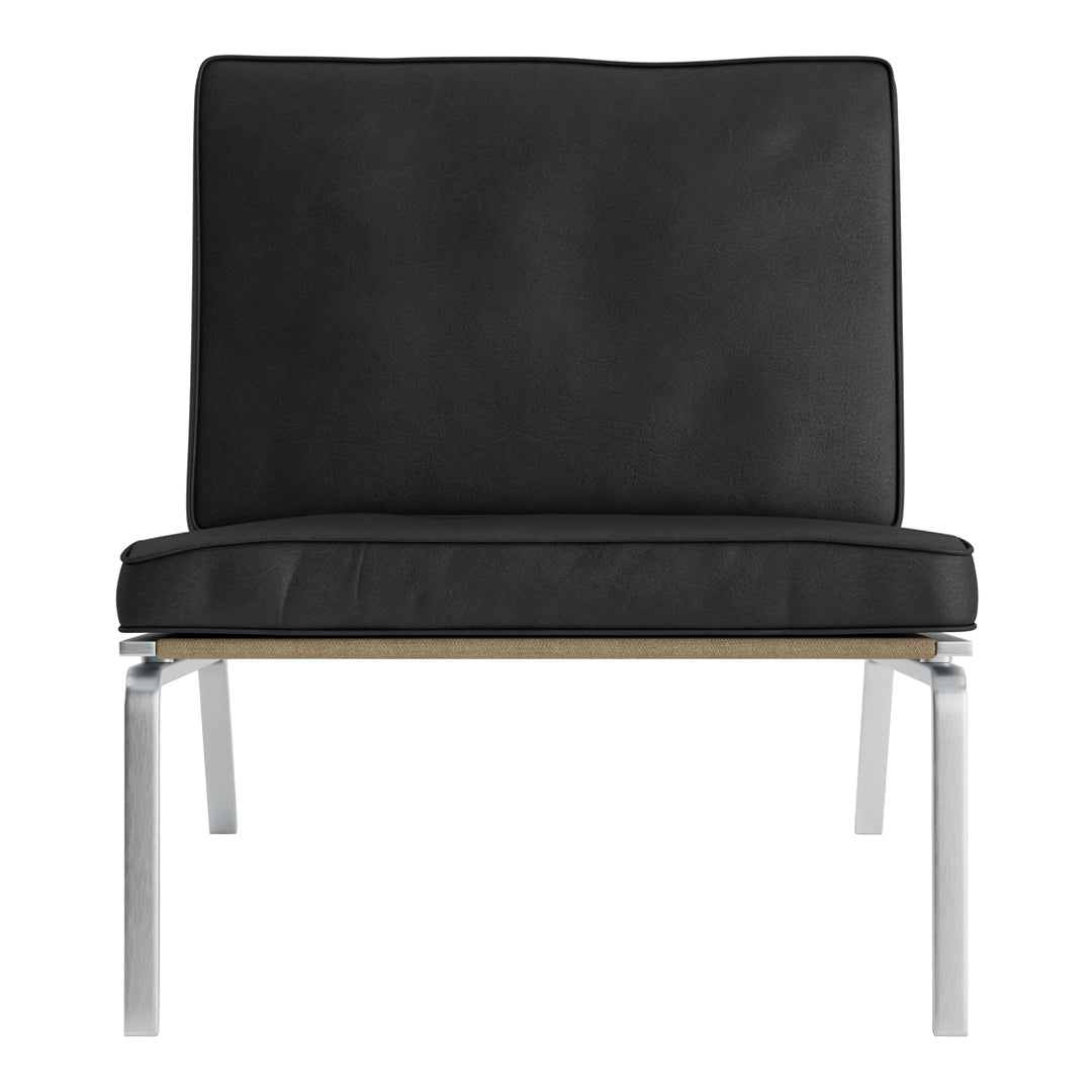 Black modern chair with a sleek design and smooth upholstery, featuring a minimalist silver metal frame.
