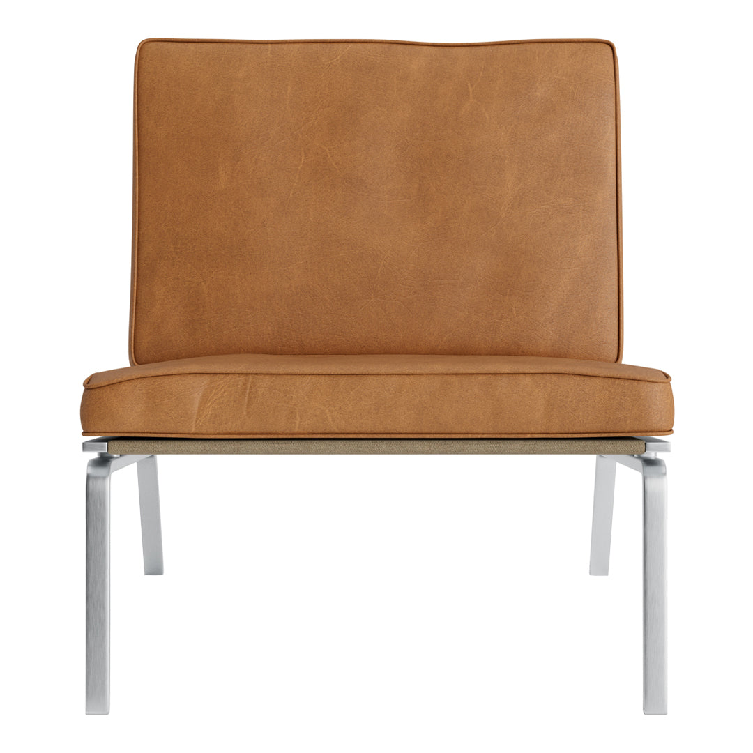 Tan leather chair with a smooth finish and sleek silver metal frame, perfect for modern decor.