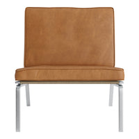 Tan leather chair with a smooth finish and sleek silver metal frame, perfect for modern decor.