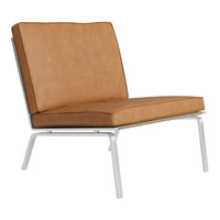 Tan leather chair with sleek silver metal frame, featuring a minimalist design and smooth, clean lines.