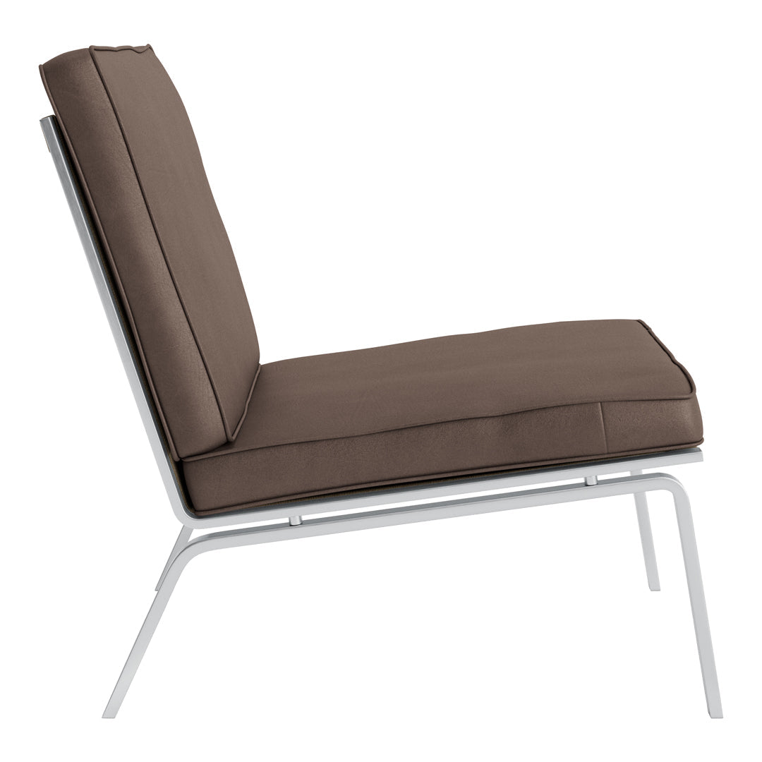 Modern lounge chair in solid brown upholstery with a sleek white metal frame. Ideal for contemporary decor.