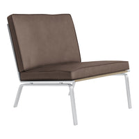 Brown upholstered chair with a sleek silver frame, featuring a minimalist design and solid colors. Perfect for modern decor.