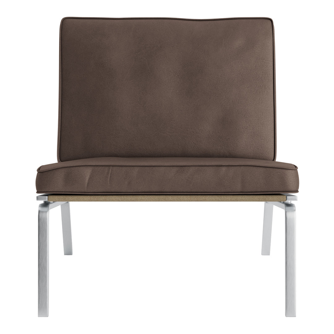 Brown upholstered chair with a smooth finish and minimalist silver legs. Simple design ideal for modern decor.