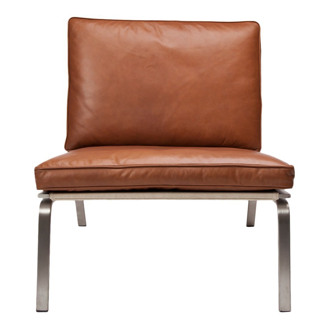 Brown leather chair with a smooth, minimalist design and silver metal frame, featuring a simple, modern aesthetic.