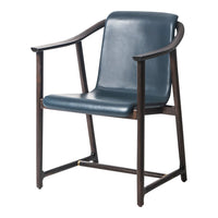 Navy blue leather chair with a sleek wooden frame, featuring minimalist design and clean lines.
