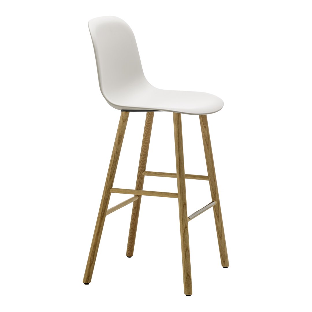 White bar stool with a smooth finish and a natural wood leg base, featuring a sleek, modern design.