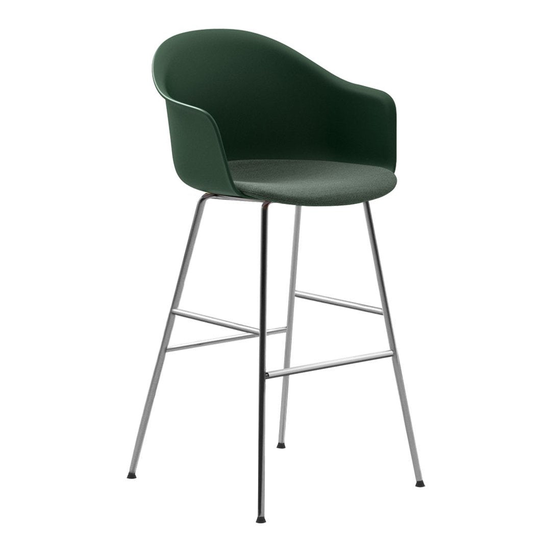Green molded plastic bar stool with sleek chrome legs, featuring a minimalist and modern design.